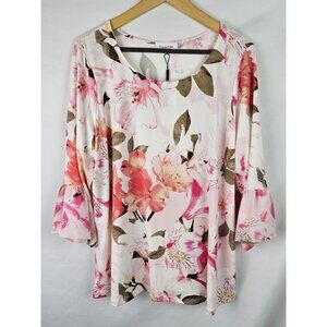 Calvin Klein Women's Top Plus Size 1X Pink Floral Flared 3/4 Sleeve Blouse Shirt